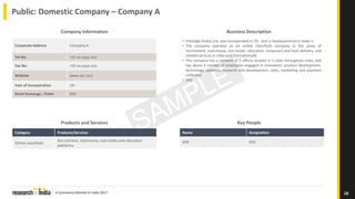 e-Commerce Market in India 2017 18
Public: Domestic Company – Company A
Company Information
Products and Services
Category Products/Services
Online classifieds
Recruitment, matrimony, real estate and education
platforms
Key People
Name Designation
XXX XXX
Business Description
• Infoedge (India) Ltd. was incorporated in 19-- and is headquartered in State 1,
• The company operates as an online classifieds company in the areas of
recruitment, matrimony, real estate, education, restaurant and food delivery, and
related services in India and internationally
• The company has a network of X offices located in Y cities throughout India, and
has about X number of employees engaged in innovation, product development,
technology updation, research and development, sales, marketing and payment
collection
• XXX
Corporate Address Company A
Tel No. +91-xx-yyyy-zzzz
Fax No. +91-xx-yyyy-zzzz
Website www.xyz.com
Year of Incorporation 19--
Stock Exchange : Ticker XXX
 