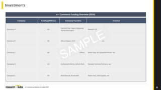 e-Commerce Market in India 2017
Investments
23
e – Commerce Funding Overview (2016)
Company Funding (INR mn) Company Founders Investors
Company A XX
Parikshit Dar, Rajesh Balpande,
Ashish Hemrajani
Network 18, xxx
Company B XX Dhruv Kapoor, Ankiti Bose Sandeep Tandon, xxx
Company C XX Peyush Bansal, Amit Chaudhary Ratan Tata, Kris Gopalakrishnan, xxx
Company D XX Ambareesh Murty, Ashish Shah Norwest Venture Partners, xxx
Company E XX Rohit Bansal, Kunal Bahl Ratan Tata, Intel Capital, xxx
 