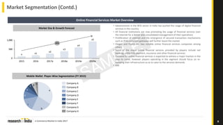 e-Commerce Market in India 2017 8
Online Financial Services Market Overview
0
500
1,000
x2
2016
x1
2015
x
2017e 2018e 2020e
x4
x3
2019e
x5
A%
• Advancement in the BFSI sector in India has pushed the usage of digital financial
services in the country
• All financial institutions are now promoting the usage of financial services over
the internet for a better and consolidated management of their operations
• Proliferation of internet and the emergence of secured transaction mechanisms
such as IPv6 complaint gateways will further boost the market
• Oxigen and Paytm are two notable online financial services companies among
others
• Some of the major online financial services provided by players include net
banking, utility bills payment, insurance and other financial services
• Demand for online financial services is expected to witness a major traction in the
days to come, however players operating in the segment should focus on re-
vamping their infrastructure so as to cater to the services demands
• XXX
Market Size & Growth Forecast
Mobile Wallet Player-Wise Segmentation (FY 2015)
g h
f
e
d
c
b
a
Company H
Company G
Company F
Company E
Company D
Company C
Company B
Company A
Market Segmentation (Contd.)
 