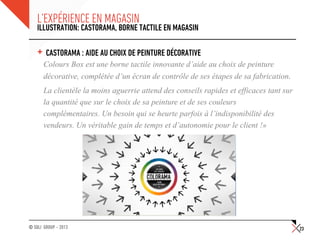 © SQLI GROUP – 2013
L’EXPÉRIENCE EN MAGASIN
+ CASTORAMA : AIDE AU CHOIX DE PEINTURE DÉCORATIVE
Colours Box est une borne t...