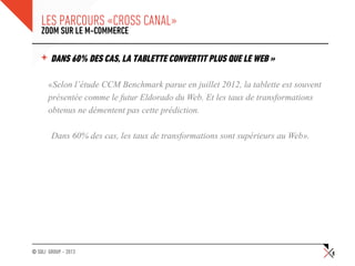 © SQLI GROUP – 2013
LES PARCOURS «CROSS CANAL»
+ DANS 60% DES CAS, LA TABLETTE CONVERTIT PLUS QUE LE WEB »
«Selon l’étude ...