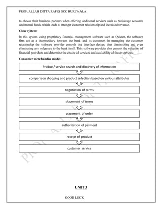 PROF. ALLAH DITTA RAFIQ GCC BUREWALA
GOOD LUCK
to choose their business partners when offering additional services such as brokerage accounts
and mutual funds which leads to stronger customer relationship and increased revenue.
Close system:
In this system using proprietary financial management software such as Quicen, the software
firm act as a intermediary between the bank and its customer. In managing the customer
relationship the software provider controls the interface design, thus diminishing and even
eliminating any reference to the bank itself. This software provider also control the selection of
financial providers and determine the choice of services and availability of those services.
Consumer merchandise model:
UNIT 3
customer service
receipt of product
authorization of payment
placement of order
placement of terms
negotiation of terms
comparison shopping and product selection based on various attributes
Product/ service search and discovery of information
 