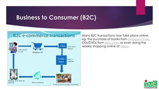 Business to Consumer (B2C)
Many B2C transactions now take place online,
eg, the purchase of books from amazon.co.uk,
CDs/DVDs from play.com, or even doing the
weekly shopping online at Tesco.
 