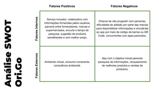Análise
SWOT
Ori.Go
Fatores Negativos
Serviço inovador, colaborativo com
informações fornecidas pelos usuários,
parceria entre fornecedores, marcas e
supermercados, encurta o tempo de
pesquisa, sugestão de produtos
semelhantes e com melhor preço.
Chance de não progredir com parcerias,
dificuldade de adesão por parte das marcas
para disponibilizar informações e vinculá-las
ao app por meio de código de barras ou QR
Code, concorrentes com apps parecidos.
Ambiente virtual, consumo consciente,
consciência ambiental.
App com o objetivo inicial parecido
(pesquisa de informações, ranqueamento
de melhores produtos e vendas de
produtos).
Fatores Positivos
Fatores
Externos
Fatores
Internos
 