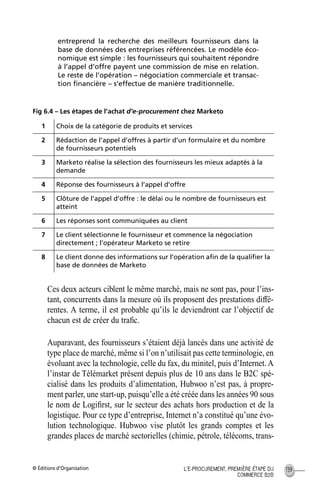 © Éditions d’Organisation 139L’E-PROCUREMENT, PREMIÈRE ÉTAPE DU
COMMERCE B2B
entreprend la recherche des meilleurs fournisseurs dans la
base de données des entreprises référencées. Le modèle éco-
nomique est simple : les fournisseurs qui souhaitent répondre
à l’appel d’offre payent une commission de mise en relation.
Le reste de l’opération – négociation commerciale et transac-
tion ﬁnancière – s’effectue de manière traditionnelle.
Fig 6.4 – Les étapes de l’achat d’e-procurement chez Marketo
Ces deux acteurs ciblent le même marché, mais ne sont pas, pour l’ins-
tant, concurrents dans la mesure où ils proposent des prestations diffé-
rentes. A terme, il est probable qu’ils le deviendront car l’objectif de
chacun est de créer du traﬁc.
Auparavant, des fournisseurs s’étaient déjà lancés dans une activité de
type place de marché, même si l’on n’utilisait pas cette terminologie, en
évoluant avec la technologie, celle du fax, du minitel, puis d’Internet. A
l’instar de Télémarket présent depuis plus de 10 ans dans le B2C spé-
cialisé dans les produits d’alimentation, Hubwoo n’est pas, à propre-
ment parler, une start-up, puisqu’elle a été créée dans les années 90 sous
le nom de Logiﬁrst, sur le secteur des achats hors production et de la
logistique. Pour ce type d’entreprise, Internet n’a constitué qu’une évo-
lution technologique. Hubwoo vise plutôt les grands comptes et les
grandes places de marché sectorielles (chimie, pétrole, télécoms, trans-
1 Choix de la catégorie de produits et services
2 Rédaction de l’appel d’offres à partir d’un formulaire et du nombre
de fournisseurs potentiels
3 Marketo réalise la sélection des fournisseurs les mieux adaptés à la
demande
4 Réponse des fournisseurs à l’appel d’offre
5 Clôture de l’appel d’offre : le délai ou le nombre de fournisseurs est
atteint
6 Les réponses sont communiquées au client
7 Le client sélectionne le fournisseur et commence la négociation
directement ; l’opérateur Marketo se retire
8 Le client donne des informations sur l’opération aﬁn de la qualiﬁer la
base de données de Marketo
MEP Hervier Page 139 Lundi, 25. juin 2001 5:03 17
 