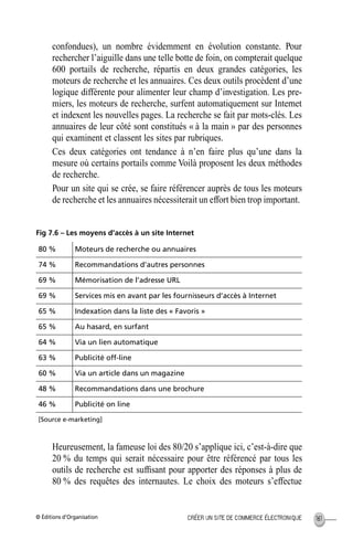 © Éditions d’Organisation 161CRÉER UN SITE DE COMMERCE ÉLECTRONIQUE
confondues), un nombre évidemment en évolution constante. Pour
rechercher l’aiguille dans une telle botte de foin, on compterait quelque
600 portails de recherche, répartis en deux grandes catégories, les
moteurs de recherche et les annuaires. Ces deux outils procèdent d’une
logique différente pour alimenter leur champ d’investigation. Les pre-
miers, les moteurs de recherche, surfent automatiquement sur Internet
et indexent les nouvelles pages. La recherche se fait par mots-clés. Les
annuaires de leur côté sont constitués « à la main » par des personnes
qui examinent et classent les sites par rubriques.
Ces deux catégories ont tendance à n’en faire plus qu’une dans la
mesure où certains portails comme Voilà proposent les deux méthodes
de recherche.
Pour un site qui se crée, se faire référencer auprès de tous les moteurs
de recherche et les annuaires nécessiterait un effort bien trop important.
Fig 7.6 – Les moyens d’accès à un site Internet
Heureusement, la fameuse loi des 80/20 s’applique ici, c’est-à-dire que
20 % du temps qui serait nécessaire pour être référencé par tous les
outils de recherche est sufﬁsant pour apporter des réponses à plus de
80 % des requêtes des internautes. Le choix des moteurs s’effectue
80 % Moteurs de recherche ou annuaires
74 % Recommandations d’autres personnes
69 % Mémorisation de l’adresse URL
69 % Services mis en avant par les fournisseurs d’accès à Internet
65 % Indexation dans la liste des « Favoris »
65 % Au hasard, en surfant
64 % Via un lien automatique
63 % Publicité off-line
60 % Via un article dans un magazine
48 % Recommandations dans une brochure
46 % Publicité on line
[Source e-marketing]
MEP Hervier Page 161 Lundi, 25. juin 2001 5:03 17
 
