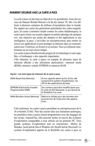 © Éditions d’Organisation 189SÉCURITÉ ET PAIEMENT EN LIGNE
PAIEMENT SÉCURISÉ AVEC LA CARTE À PUCE
La carte à puce est devenue un objet de la vie quotidienne. Issue des tra-
vaux du français Roland Moreno à la ﬁn des années 70, elle s’est dif-
fusée à plusieurs centaines de millions d’exemplaires dans le monde.
Par rapport aux cartes des générations précédentes (les cartes magnéti-
ques, les cartes à mémoire simple comme les cartes téléphoniques), la
carte à puce réunit, sur un petit support en matière plastique de quelques
cm2
, une mémoire qui stocke des données et des applications et une
intelligence, la puce, c’est-à-dire un microprocesseur, pour mettre en
oeuvre ces applications et pour protéger la mémoire dans sa communi-
cation avec l’extérieur, en lecture et en écriture.Tous ces éléments fonc-
tionnent sur un seul circuit intégré.
Les cartes à puces bénéﬁcient des progrès de la technologie et sont capa-
bles « d’embarquer » des capacités importantes.
Côté mémoire, la carte à puces est équipée de plusieurs types de
mémoire affectés à des utilisations particulières : mémoire morte
(ROM), mémoire volatile EEPROM et mémoire RAM.
Fig 8.4 – Les trois types de mémoire de la carte à puce
Côté traitement, les cartes à puces possèdent un microprocesseur de 8,
16 et bientôt 32 bits3
. Pour des raisons liées aux limitations techniques,
les premières cartes à puces étaient programmées avec des langages de
bas niveau. Aujourd’hui, elles peuvent mettre en oeuvre des systèmes
d’exploitation comparables à ceux utilisés sur les premiers PC. Trois
grands systèmes d’exploitation sont en concurrence : Multos de
Mondex, JavaCard de Sun et Windows for SmartCard de Microsoft. Le
système d’exploitation apporte de la ﬂexibilité aux cartes à puce en
ROM (Read Only Memory) D’une capacité allant de 8 à 32 Ko, elle
comprend le système d’exploitation, les
API et des applications de base.
EEPROM (Electrically Erasable
Programmable ROM)
Son contenu peut être modiﬁé après que
la carte ait été fabriquée, ce qui donne de
la ﬂexibilité à la carte.
RAM (Random Access Memory) Mémoire utilisée pour des données tem-
poraires lors de l’exécution des applica-
tions.
MEP Hervier Page 189 Lundi, 25. juin 2001 5:03 17
 