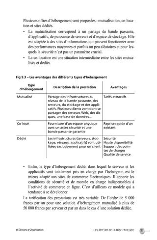 © Éditions d’Organisation 197LES ACTEURS DE LA MISE EN ŒUVRE
Plusieurs offres d’hébergement sont proposées : mutualisation, co-loca-
tion et sites dédiés.
• La mutualisation correspond à un partage de bande passante,
d’applicatifs, de puissance de serveurs et d’espace de stockage. Elle
est adaptée à des sites d’informations qui peuvent fonctionner avec
des performances moyennes et parfois un peu aléatoires et pour les-
quels la sécurité n’est pas un paramètre crucial.
• La co-location est une situation intermédiaire entre les sites mutua-
lisés et dédiés.
Fig 9.3 – Les avantages des différents types d’hébergement
• Enﬁn, le type d’hébergement dédié, dans lequel le serveur et les
applicatifs sont totalement pris en charge par l’hébergeur, est le
mieux adapté aux sites de commerce électroniques. Il apporte les
conditions de sécurité et de montée en charge indispensables à
l’activité de commerce en ligne. C’est d’ailleurs ce modèle qui a
tendance à se développer.
La tariﬁcation des prestations est très variable. De l’ordre de 5 000
francs par an pour une solution d’hébergement mutualisé à plus de
50 000 francs par serveur et par an dans le cas d’une solution dédiée.
Type
d’hébergement
Description de la prestation Avantages
Mutualisé Partage des infrastructures au
niveau de la bande passante, des
serveurs, du stockage et des appli-
catifs. Plusieurs clients vont donc se
partager des serveurs Web, des dis-
ques, une base de données...
Tarifs attractifs
Co-loué Fourniture d’un espace physique
avec un accès sécurisé et une
bande passante garantie
Reprise rapide d’un
existant
Dédié Les infrastructures (serveurs, stoc-
kage, réseaux, applicatifs) sont uti-
lisées exclusivement pour un client
Sécurité
Haute disponibilité
Support des poin-
tes de charges
Qualité de service
MEP Hervier Page 197 Lundi, 25. juin 2001 5:03 17
 