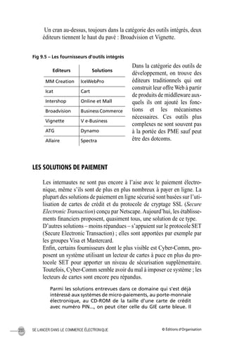 © Éditions d’OrganisationSE LANCER DANS LE COMMERCE ÉLECTRONIQUE200
Un cran au-dessus, toujours dans la catégorie des outils intégrés, deux
éditeurs tiennent le haut du pavé : Broadvision et Vignette.
Fig 9.5 – Les fournisseurs d’outils intégrés
Dans la catégorie des outils de
développement, on trouve des
éditeurs traditionnels qui ont
construit leur offre Web à partir
de produits de middleware aux-
quels ils ont ajouté les fonc-
tions et les mécanismes
nécessaires. Ces outils plus
complexes ne sont souvent pas
à la portée des PME sauf peut
être des dotcoms.
LES SOLUTIONS DE PAIEMENT
Les internautes ne sont pas encore à l’aise avec le paiement électro-
nique, même s’ils sont de plus en plus nombreux à payer en ligne. La
plupart des solutions de paiement en ligne sécurisé sont basées sur l’uti-
lisation de cartes de crédit et du protocole de cryptage SSL (Secure
Electronic Transaction) conçu par Netscape.Aujourd’hui, les établisse-
ments ﬁnanciers proposent, quasiment tous, une solution de ce type.
D’autres solutions – moins répandues – s’appuient sur le protocoleSET
(Secure Electronic Transaction) ; elles sont apportées par exemple par
les groupes Visa et Mastercard.
Enﬁn, certains fournisseurs dont le plus visible est Cyber-Comm, pro-
posent un système utilisant un lecteur de cartes à puce en plus du pro-
tocole SET pour apporter un niveau de sécurisation supplémentaire.
Toutefois, Cyber-Comm semble avoir du mal à imposer ce système ; les
lecteurs de cartes sont encore peu répandus.
Parmi les solutions entrevues dans ce domaine qui s’est déjà
intéressé aux systèmes de micro-paiements, au porte-monnaie
électronique, au CD-ROM de la taille d’une carte de crédit
avec numéro PIN..., on peut citer celle du GIE carte bleue. Il
Editeurs Solutions
MM Creation IceWebPro
Icat Cart
Intershop Online et Mall
Broadvision Business Commerce
Vignette V e-Business
ATG Dynamo
Allaire Spectra
MEP Hervier Page 200 Lundi, 25. juin 2001 5:03 17
 