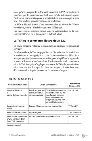 © Éditions d’Organisation 223LA RÉGLEMENTATION ET LE RÔLE DE L’ETAT
alors qu’une entreprise l’est. Présenté autrement, laTVA est totalement
supportée par le consommateur ﬁnal alors qu’elle est « neutre » pour
l’entreprise qui peut récupérer le montant de la taxe ou acquérir hors
taxes des produits qui entreront dans sa production.
La TVA a déjà fait l’objet d’une harmonisation au niveau de l’Union
européenne, même s’il subsiste certaines différences.
Les deux critères majeurs entrant dans la détermination de la taxe
concernent l’objet de la transaction et la localisation.
La TVA et le commerce électronique B2C
En ce qui concerne l’objet de la transaction, on distingue les produits et
services9
.
Pour les produits, la TVA est payée lors de l’introduction du produit sur
le territoire et le taux appliqué est celui du pays destinataire. Si le client
n’est pas assujetti (un consommateur ﬁnal, pour simpliﬁer), le régime de
la vente à distance s’applique alors. En dessous du seuil communau-
taire, la TVA française s’applique, au-dessus, la TVA du pays destina-
taire entre en jeu. Lorsque le client est assujetti, il doit faire une
déclaration selon le principe courant de « reverse charge ».
Fig 10.3 – La TVA en B to C
Consommateur ﬁnal Union Européenne
Hors Union
Européenne
Vente à distance
&
vente de bien matériel
TVA française au-
dessous du seuil
communautaire
TVA de l'Etat membre
de destination au-des-
sus du seuil commu-
nautaire ou en cas
d'option pour la TVA
de cet Etat membre.
Pas de TVA
Prestations immaté-
rielles
TVA de l’Etat membre de destination TTC ou HT
Prestations classiques TVA française TVA française
Prestations accessoires
d’une vente de bien
hors TVA française
TVA de l’Etat membre destinataire Pas de TVA
[Source Experian]
MEP Hervier Page 223 Lundi, 25. juin 2001 5:03 17
 