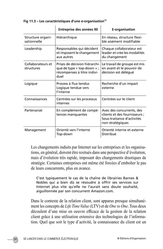 © Éditions d’OrganisationSE LANCER DANS LE COMMERCE ÉLECTRONIQUE240
Fig 11.3 – Les caractéristiques d’une e-organisation15
Les changements induits par Internet sur les entreprises et les organisa-
tions, en général, doivent être resitués dans une perspective d’évolution,
mais d’évolution très rapide, imposant des changements drastiques de
stratégie. Certaines entreprises ont même été forcées d’emboîter le pas
de leurs concurrents, plus en avance.
C’est typiquement le cas de la chaîne de librairies Barnes &
Nobles qui a bien dû se résoudre à offrir ses services sur
Internet plus vite qu’elle ne l’aurait sans doute souhaité,
aiguillonnée par son concurrent Amazon.com.
Dans le contexte de la relation client, sont apparus presque simultané-
ment les concepts de LifeTimeValue (LTV) et de One to One.Tous deux
découlent d’une mise en oeuvre efﬁcace de la gestion de la relation
client grâce à une utilisation extensive des technologies de l’informa-
tion. Quel que soit le type d’activité, la connaissance du client est un
Entreprise des années 90 E-organisation
Structure organi-
sationnelle
Hiérarchique En réseau, structure ﬂexi-
ble aisément modiﬁable
Leadership Responsables qui décident
et imposent le changement
aux autres
Chaque collaborateur est
leader et crée les modalités
du changement
Collaborateurs et
structures
Prises de décision hiérarchi-
que de type « top-down » ;
récompenses à titre indivi-
duel
Le travail de groupe est mis
en avant et le pouvoir de
décision est délégué
Logique Process à ﬂux tendus
Logique tendue vers
l’interne
Recherche d’un impact
externe
Connaissances Centrées sur les processus
internes
Centrées sur le client
Partenariat En complément de compé-
tences manquantes
Avec des concurrents, des
clients et des fournisseurs ;
Sous-traitance d’activités
non stratégiques
Management Orienté vers l’interne
Top-down
Orienté interne et externe
Distribué
MEP Hervier Page 240 Lundi, 25. juin 2001 5:03 17
 