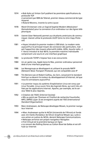 © Éditions d’OrganisationLES RÉGULATEURS ET LES PRINCIPALES DATES D’INTERNET258
1974 • Bob Kahn et Vinton Cerf publient les premières spéciﬁcations du
protocole TCP
• Lancement par BBN de Telenet, premier réseau commercial de type
Arpanet
• Roland Moreno, invente la carte à puce
1978 Ward Christensen crée un logiciel baptisé Modem (Modulator/
Demodulator) pour la connexion d’un ordinateur sur des lignes télé-
phoniques
1979 Usenet (User Network) permet aux étudiants américains de commu-
niquer. Usenet utilise le protocole UUCP (Unix to Unix Copy Proto-
col)
1981 • Hayes introduit le premier modem à 300 bits/s. Le modem reste
aujourd’hui le principal moyen de connexion des particuliers, mal-
gré l’apparition des moyens alternatifs (câble, ADSL, boucle radio...)
• Xerox introduit le Star 8010, la première machine individuelle
comprenant une souris et une interface graphique
1983 Le protocole TCP/IP s’impose face à ses concurrents
1984 Un an après Lisa, Apple lance le Mac, premier ordinateur personnel
doté d’une interface graphique.
1986 Les Newsgroups se développent et utilisent le procole NNTP
(Network News Transport Protocol), qui est compatible avec IP
1989 Tim Berners-Lee et Robert Cailliau, du Cern, conçoivent le standard
html qui va devenir le moteur du développement d’Internet, tel que
nous le connaissons aujourd’hui
1991 • Le premier noyau du système d’exploitation Linux est conçu par
Linus Torvalds. Linux ouvre l’ère des logiciels libres, qui sont très uti-
lisés par les applications Internet. Apache, par exemple, est le ser-
veur Web le plus répandu.
1992 • Création de l’ISOC (Internet Society)
• Mis au point par Thomson et l’Institut de recherche Fraunhofer,
MP3, (MPEG Layer 3) est enregistré auprès de l’ISO (International
Standard Organisation)
1993 Marc Andreessen, de Netscape développe Mosaïc, le premier naviga-
teur Internet
1994 • Marc Andreessen quitte le NCSA (Université de l’Illinois) et fonde
avec Jim Clarks (fondateur de Silicon Graphics) Mosaïc qui, suite à
une action en justice du NCSA, devient Netscape Communications.
• Netscape annonce son propre navigateur Navigator.
• First Virtual est la première banque en ligne
• Le concert des Rolling Stones au Cotton Bowl de Dallas et est dif-
fusé sur Internet
MEP Hervier Page 258 Lundi, 25. juin 2001 5:03 17
 