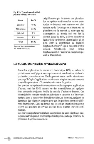 © Éditions d’OrganisationCOMPRENDRE LE COMMERCE ÉLECTRONIQUE24
Fig 1.3 – Type de canal utilisé
pour la vente à distance
Aiguillonnées par les succès des pionniers,
les entreprises traditionnelles se sont aven-
turées sur Internet, mais certaines ont clai-
rement perdu l’avantage en n’étant pas les
premières sur le marché. A noter que peu
d’entreprises du monde réel ont fait le
chemin jusqu’au bout, à savoir transporter
leur activité sur Internet ; parmi celles-ci, on
peut citer le distributeur de logiciels
Egghead Software12
(qui a fusionné avec la
dotcom Onsale.com pour former
Egghead.com) et l’éditeur du magazine spé-
cialisé Datamation.
LES ACHATS, UNE PREMIÈRE APPLICATION SIMPLE
Parmi les applications de commerce électronique B2B, les achats de
produits non stratégiques, ceux qui n’entrent pas directement dans la
production, connaissent un développement assez rapide, simplement
parce qu’il s’agit d’applications relativement simples à mettre en œuvre
et qu’elles permettent d’économiser des coûts de gestion.
Les grandes entreprises développent souvent leurs propres applications
d’achat ; mais les PME passent par des intermédiaires qui agrègent
leurs demandes ou jouent le rôle de centrale d’achat sur Internet. Ces
intermédiaires mettent en relation acheteurs et vendeurs et n’intervien-
nent pas dans la transaction ﬁnancière ou bien, au contraire, agrègent les
demandes des clients et achètent pour eux les produits auprès de diffé-
rents fournisseurs. Dans ce dernier cas, ils sont en situation de négocier
le prix des produits et services que les PME clientes leur ont com-
mandés.
Ces nouveaux partenaires mettent à disposition de leurs clients des cata-
logues électroniques et proposent parfois la prise en charge complète du
processus d’approvisionnement.
Canal En %
Courrier 49 %
Téléphone 33 %
Minitel 9 %
Internet 4 %
Total 56 %
[Source Sociovision/Fevad
La Poste Mai 2000]
MEP Hervier Page 24 Lundi, 25. juin 2001 5:03 17
 