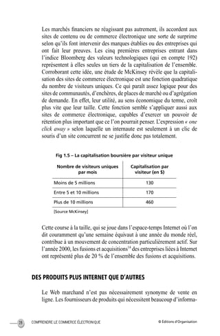 © Éditions d’OrganisationCOMPRENDRE LE COMMERCE ÉLECTRONIQUE28
Les marchés ﬁnanciers ne réagissant pas autrement, ils accordent aux
sites de contenu ou de commerce électronique une sorte de surprime
selon qu’ils font intervenir des marques établies ou des entreprises qui
ont fait leur preuves. Les cinq premières entreprises entrant dans
l’indice Bloomberg des valeurs technologiques (qui en compte 192)
représentent à elles seules un tiers de la capitalisation de l’ensemble.
Corroborant cette idée, une étude de McKinsey révèle que la capitali-
sation des sites de commerce électronique est une fonction quadratique
du nombre de visiteurs uniques. Ce qui paraît assez logique pour des
sites de communautés, d’enchères, de places de marché ou d’agrégation
de demande. En effet, leur utilité, au sens économique du terme, croît
plus vite que leur taille. Cette fonction semble s’appliquer aussi aux
sites de commerce électronique, capables d’exercer un pouvoir de
rétention plus important que ce l’on pourrait penser. L’expression « one
click away » selon laquelle un internaute est seulement à un clic de
souris d’un site concurrent ne se justiﬁe donc pas totalement.
Fig 1.5 – La capitalisation boursière par visiteur unique
Cette course à la taille, qui se joue dans l’espace-temps Internet où l’on
dit couramment qu’une semaine équivaut à une année du monde réel,
contribue à un mouvement de concentration particulièrement actif. Sur
l’année 2000, les fusions et acquisitions14
des entreprises liées à Internet
ont représenté plus de 20 % de l’ensemble des fusions et acquisitions.
DES PRODUITS PLUS INTERNET QUE D’AUTRES
Le Web marchand n’est pas nécessairement synonyme de vente en
ligne. Les fournisseurs de produits qui nécessitent beaucoup d’informa-
Nombre de visiteurs uniques
par mois
Capitalisation par
visiteur (en $)
Moins de 5 millions 130
Entre 5 et 10 millions 170
Plus de 10 millions 460
[Source McKinsey]
MEP Hervier Page 28 Lundi, 25. juin 2001 5:03 17
 