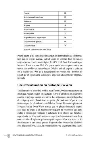 © Éditions d’OrganisationCOMPRENDRE LE COMMERCE ÉLECTRONIQUE66
Pour l’heure, c’est sans doute le secteur des technologies de l’informa-
tion qui est le plus avancé. Dell et Cisco en sont les deux références
majeures avec respectivement plus de 50 % et 90 % de leurs ventes par
Internet. Il est vrai que Dell n’a pas attendu Internet pour mettre en
œuvre son modèle de vente directe. Celui-ci existait depuis la création
de la société en 1985 et le basculement des ventes via l’Internet ne
posait qu’un « problème technique » et peu de changements organisa-
tionnels.
Une restructuration en profondeur à venir
Tout le monde s’accorde à prédire pour l’après 2002 une restructuration
drastique, variable selon les secteurs. Après l’agitation des premières
années, le paysage devrait s’éclaircir. Les spécialistes estiment qu’il ne
devrait pas y avoir plus de trois ou quatre places de marché par secteur
économique. La période de consolidation devrait démarrer rapidement.
Morgan Stanley Dean Witter avance que les places de marché organi-
sées sous la tutelle d’un fournisseur risquent de rencontrer des difﬁ-
cultés, à moins que vendeurs et acheteurs n’en retirent des bénéﬁces
équivalents. La ﬁrme américaine envisage le scénario suivant : une forte
concentration des places qui avantagent largement les acheteurs ou les
fournisseurs et une assez grande fragmentation lorsque les bénéﬁces
sont plus équilibrés. Mais, la concentration sera largement liée à l’acti-
Santé 16
Ressources humaines 17
Métaux 10
Papier 6
Imprimerie 11
Immobilier 7
Expédition et logistique 24
Automobile (pièces) 14
Automobile 9
(Source Keenan Vision avril 2000)
MEP Hervier Page 66 Lundi, 25. juin 2001 5:03 17
 