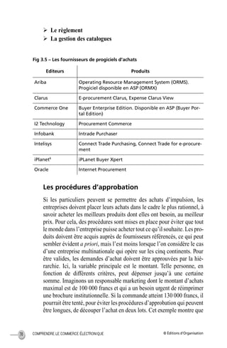 © Éditions d’OrganisationCOMPRENDRE LE COMMERCE ÉLECTRONIQUE78
Ø Le règlement
Ø La gestion des catalogues
Fig 3.5 – Les fournisseurs de progiciels d’achats
Les procédures d’approbation
Si les particuliers peuvent se permettre des achats d’impulsion, les
entreprises doivent placer leurs achats dans le cadre le plus rationnel, à
savoir acheter les meilleurs produits dont elles ont besoin, au meilleur
prix. Pour cela, des procédures sont mises en place pour éviter que tout
le monde dans l’entreprise puisse acheter tout ce qu’il souhaite. Les pro-
duits doivent être acquis auprès de fournisseurs référencés, ce qui peut
sembler évident a priori, mais l’est moins lorsque l’on considère le cas
d’une entreprise multinationale qui opère sur les cinq continents. Pour
être valides, les demandes d’achat doivent être approuvées par la hié-
rarchie. Ici, la variable principale est le montant. Telle personne, en
fonction de différents critères, peut dépenser jusqu’à une certaine
somme. Imaginons un responsable marketing dont le montant d’achats
maximal est de 100 000 francs et qui a un besoin urgent de réimprimer
une brochure institutionnelle. Si la commande atteint 130 000 francs, il
pourrait être tenté, pour éviter les procédures d’approbation qui peuvent
être longues, de découper l’achat en deux lots. Cet exemple montre que
Editeurs Produits
Ariba Operating Resource Management System (ORMS).
Progiciel disponible en ASP (ORMX)
Clarus E-procurement Clarus, Expense Clarus View
Commerce One Buyer Enterprise Edition. Disponible en ASP (Buyer Por-
tal Edition)
I2 Technology Procurement Commerce
Infobank Intrade Purchaser
Intelisys Connect Trade Purchasing, Connect Trade for e-procure-
ment
iPlanet6
iPLanet Buyer Xpert
Oracle Internet Procurement
MEP Hervier Page 78 Lundi, 25. juin 2001 5:03 17
 