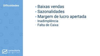 Dificuldades
▸Baixas vendas
▸Sazonalidades
▸Margem de lucro apertada
▹ Inadimplência
▹ Falta de Caixa
 