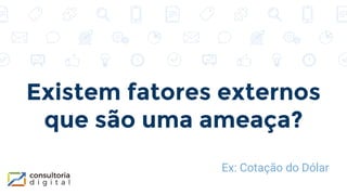 Existem fatores externos
que são uma ameaça?
Ex: Cotação do Dólar
 