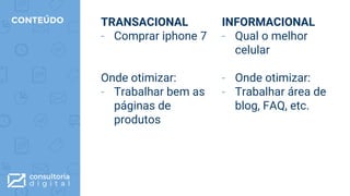 TRANSACIONAL
- Comprar iphone 7
Onde otimizar:
- Trabalhar bem as
páginas de
produtos
CONTEÚDO INFORMACIONAL
- Qual o melhor
celular
- Onde otimizar:
- Trabalhar área de
blog, FAQ, etc.
 