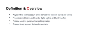 Definition & Overview
• A system that enables secure online transactions between buyers and sellers
• Processes credit cards, debit cards, digital wallets, and bank transfers
• Protects sensitive customer financial information
• Ensures timely payment delivery to merchants
 