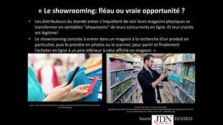 «	
  Le	
  showrooming:	
  fléau	
  ou	
  vraie	
  opportunité	
  ?	
  
• Les	
  distributeurs	
  du	
  monde	
  entier	
  s’inquiètent	
  de	
  voir	
  leurs	
  magasins	
  physiques	
  se	
  
transformer	
  en	
  véritables	
  "showrooms"	
  de	
  leurs	
  concurrents	
  en	
  ligne.	
  Et	
  leur	
  crainte	
  
est	
  légitime!	
  
• Le	
  showrooming	
  consiste	
  à	
  entrer	
  dans	
  un	
  magasin	
  à	
  la	
  recherche	
  d’un	
  produit	
  en	
  
particulier,	
  puis	
  le	
  prendre	
  en	
  photos	
  ou	
  le	
  scanner,	
  pour	
  partir	
  et	
  finalement	
  
l’acheter	
  en	
  ligne	
  à	
  un	
  prix	
  inférieur	
  à	
  celui	
  affiché	
  en	
  magasin.	
  »
23/1/2013Source
Source:	
  http://merchandisingmatters.com/wp-­‐content/uploads/2012/11/showrooming-­‐visual-­‐
merchandising.jpg Source:	
  http://rack.1.mshcdn.com/media/
ZgkyMDEyLzEyLzA0LzU0L2FyZXlvdXNob3dyLmFGYS5qcGcKcAl0aHVtYgk5NTB4NTM0IwplCWpwZw/e0011ef5/31f/
are-­‐you-­‐showrooming-­‐this-­‐holiday-­‐season-­‐poll-­‐-­‐1d082855a1.jpg
 