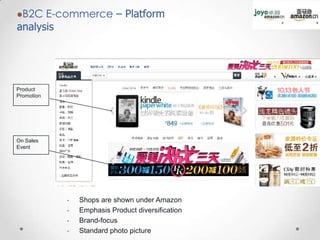 B2C

E-commerce – Platform
analysis

Product
Promotion

On Sales
Event

•
•
•
•

Shops are shown under Amazon
Emphasis Product diversification
Brand-focus
Standard photo picture

 