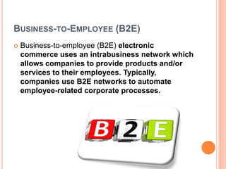 BUSINESS-TO-EMPLOYEE (B2E)
   Business-to-employee (B2E) electronic
    commerce uses an intrabusiness network which
    allows companies to provide products and/or
    services to their employees. Typically,
    companies use B2E networks to automate
    employee-related corporate processes.
 