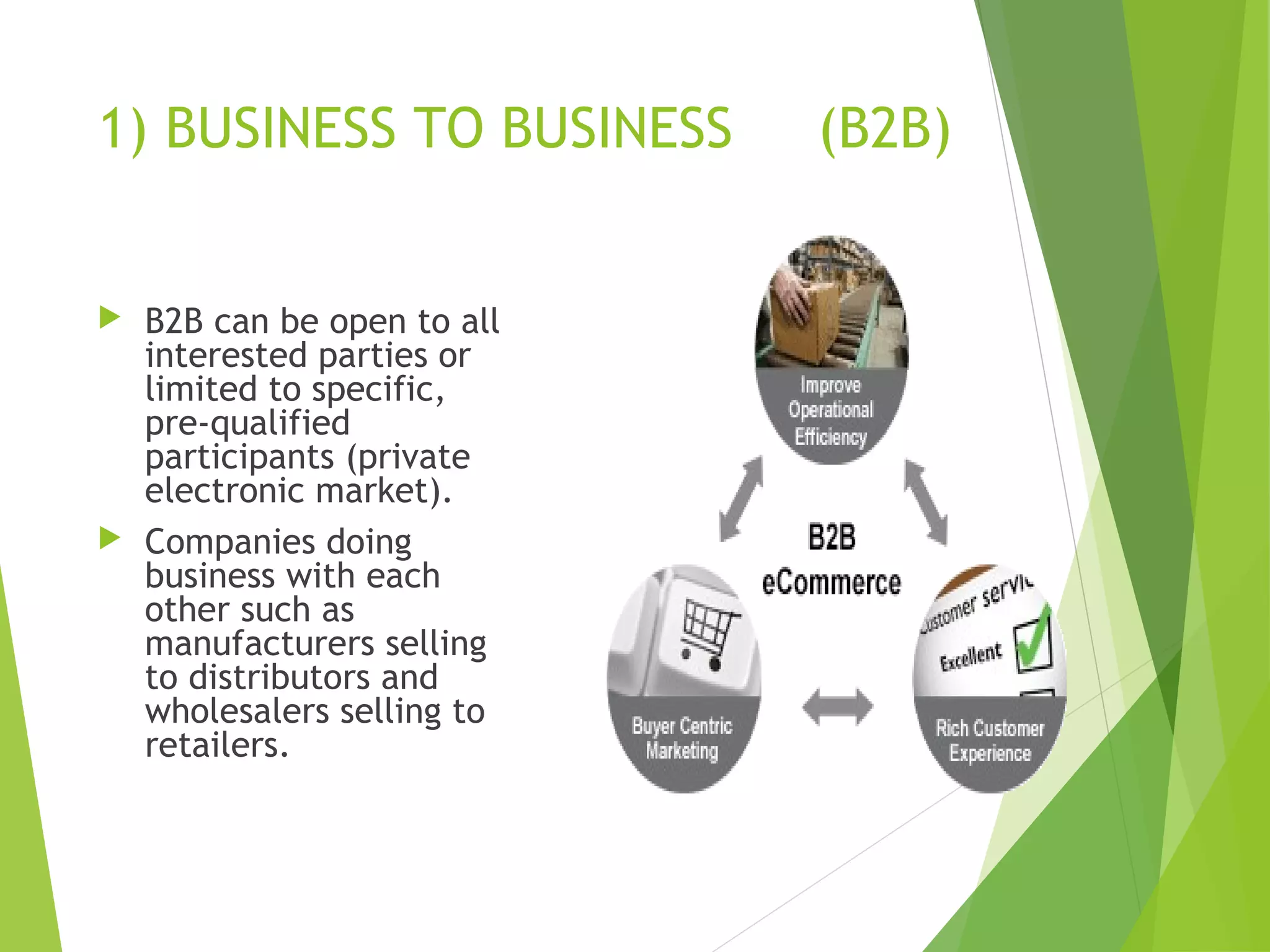 1) BUSINESS TO BUSINESS (B2B)
 B2B can be open to all
interested parties or
limited to specific,
pre-qualified
participants (private
electronic market).
 Companies doing
business with each
other such as
manufacturers selling
to distributors and
wholesalers selling to
retailers.
 