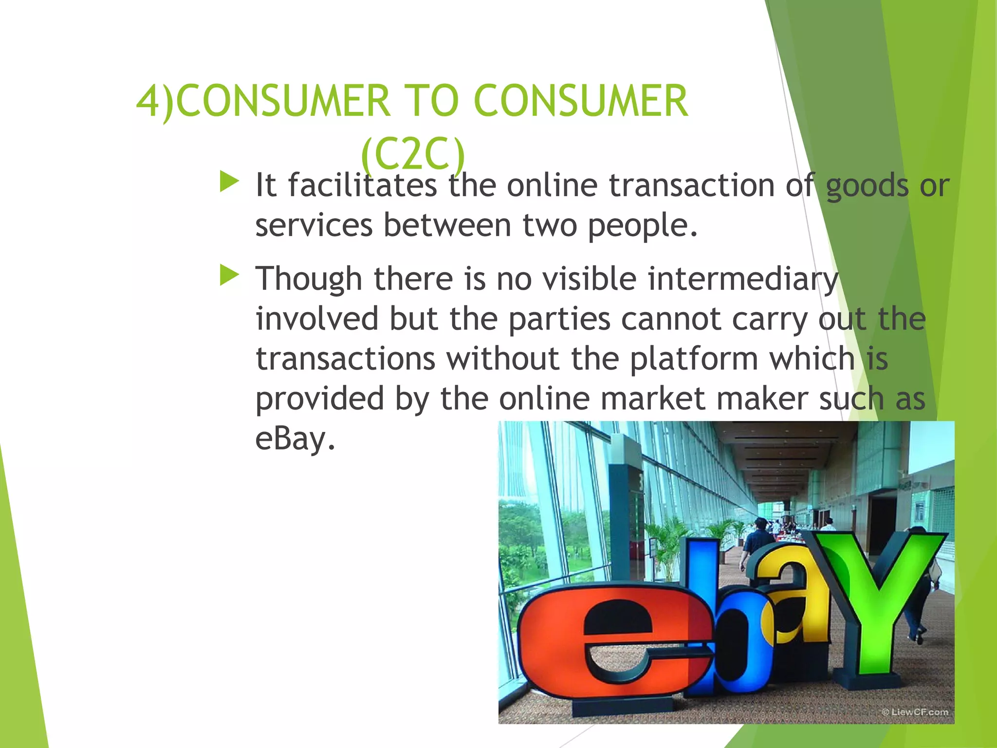 4)CONSUMER TO CONSUMER
(C2C) It facilitates the online transaction of goods or
services between two people.
 Though there is no visible intermediary
involved but the parties cannot carry out the
transactions without the platform which is
provided by the online market maker such as
eBay.
 