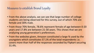 Measures to establish Brand Loyalty
• From the above analysis, we can see that large number of college
students are being observed for this survey, out of which 70% are
female and 30% male.
• From those 70% female, 78.6% represent female of age between 0-20
years and 17.8% are between 21-30 years. This shows that we are
analyzing young generation’s preferences.
• From the websites given, Amazon constituted a large % used by the
youngsters which constitutes 57.1% of the total respondents i.e.
covers more than half of the responses seconded by Flipkart securing
31.4%.
 