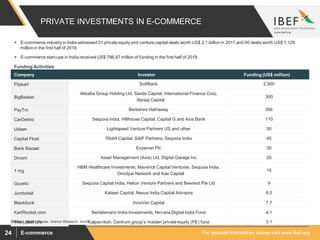 For updated information, please visit www.ibef.orgE-commerce24
PRIVATE INVESTMENTS IN E-COMMERCE
 E-commerce industry in India witnessed 21 private equity and venture capital deals worth US$ 2.1 billion in 2017 and 40 deals worth US$ 1,129
million in the first half of 2018.
 E-commerce start-ups in India received US$ 786.87 million of funding in the first half of 2018.
Company Investor Funding (US$ million)
Flipkart SoftBank 2,500
BigBasket
Alibaba Group Holding Ltd, Sands Capital, International Finance Corp,
Abraaj Capital
300
PayTm Berkshire Hathaway 356
CarDekho Sequoia India, Hillhouse Capital, Capital G and Axis Bank 110
Udaan Lightspeed Venture Partners US and other 50
Capital Float Ribbit Capital, SAIF Partners, Sequoia India 45
Bank Bazaar Experian Plc 30
Droom Asset Management (Asia) Ltd, Digital Garage Inc 20
1 mg
HBM Healthcare Investments, Maverick Capital Ventures, Sequoia India,
Omidyar Network and Kae Capital
15
Gozefo Sequoia Capital India, Helion Venture Partners and Beenext Pte Ltd 9
Jumbotail Kalaari Capital, Nexus India Capital Advisors 8.5
Blackbuck InnoVen Capital 7.7
KartRocket.com Bertelsmann India Investments, Nirvana Digital India Fund 4.1
The Label Life Kalpavriksh, Centrum group’s maiden private equity (PE) fund 3.1
Funding Activities
Source: Media sources, Aranca Research, Inc42
 