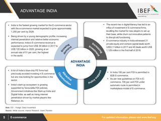 For updated information, please visit www.ibef.orgE-commerce5
ADVANTAGE INDIA
 India is the fastest growing market for the E-commerce sector
with the e-commerce market expected to grow approximately
1,200 per cent by 2026.
 Being driven by a young demographic profile, increasing
internet penetration and relative better economic
performance, India’s E-commerce revenue is
expected to jump from US$ 39 billion in 2017 to
US$ 120 billion in 2020, growing at an
annual rate of 51 per cent, the highest
in the world.
 The recent rise in digital literacy has led to an
influx of investment in E-commerce firms,
levelling the market for new players to set up
their base, while churn out innovative patterns
to disrupt old functioning.
 E-commerce industry in India witnessed 21
private equity and venture capital deals worth
US$ 2.1 billion in 2017 and 40 deals worth US$
1,129 million in the first half of 2018.
 In India 100 per cent FDI is permitted in
B2B E-commerce,
 As per new guidelines on FDI in E-
commerce, 100 per cent FDI under
automatic route is permitted in
marketplace model of E-commerce.
ADVANTAGE
INDIA
Source: Media sources, Aranca Research, Grant Thornton
 A lot of India’s blue-chip PE firms had
previously avoided investing in E-commerce
but are now looking for opportunities in the
sector.
 India’s start-up ecosystem is growing
supported by favourable FDI policies,
Government initiatives like Start-up India and
Digital India, as well as rising internet
penetration driven by market players like
Reliance Jio.
Note: FDI – Foreign Direct Investment
 