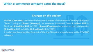 Which e-commerce company earns the most?
Changes on the podium
Citilink (Ситилинк) overtook the last year’s leader of the Center of Strategic Research
“Enter” rating— Ulmart (Юлмарт). Its revenues increased from 8 million RUB in
2011 to 18.9 million RUB in 2012. Ulmart (Юлмарт) descended on the third position
(9.6 million RUB in 2011/ 14.3 million RUB in 2013).
It is also worth noting that four out of the top 10 online shops belong to the RTV/AGD
category.
 