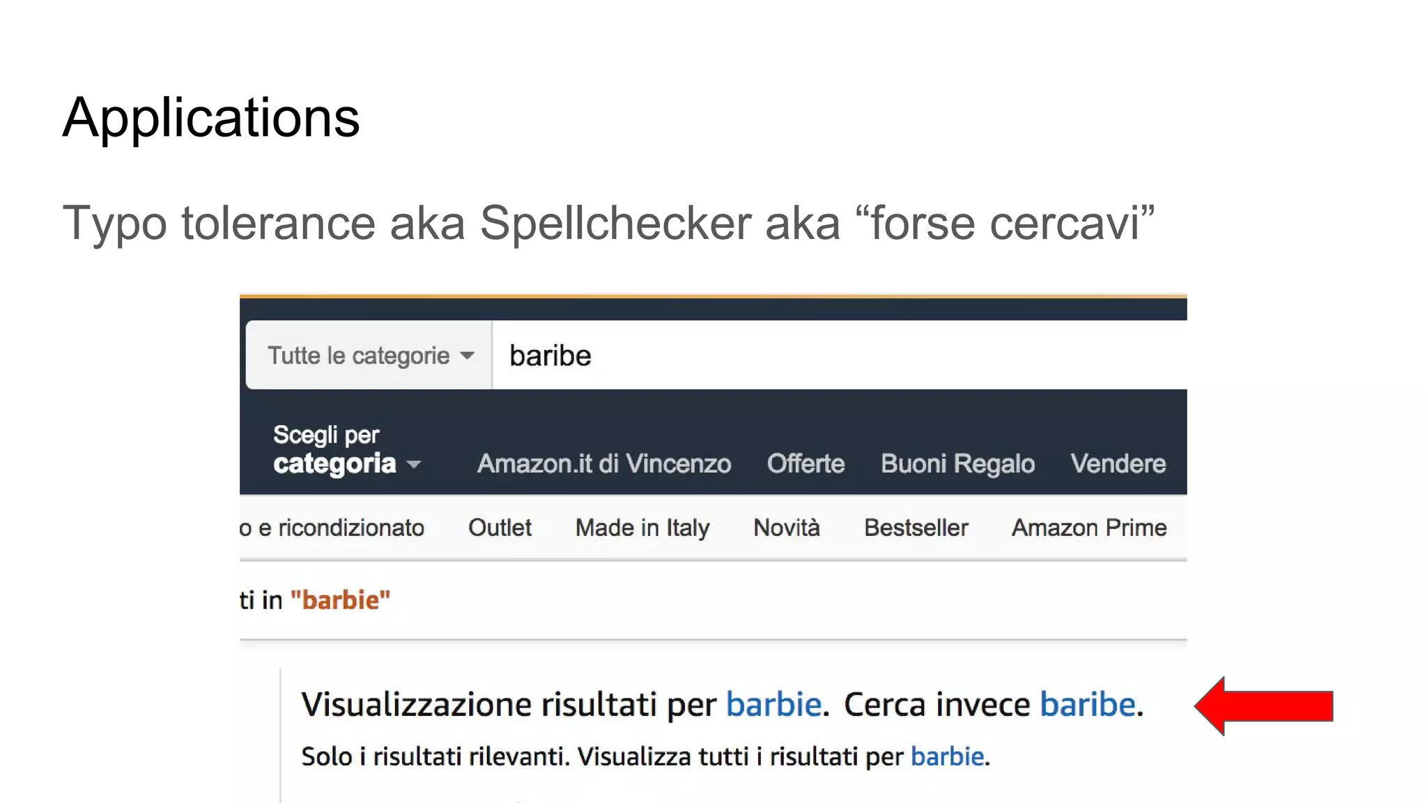 Applications
Typo tolerance aka Spellchecker aka “forse cercavi”
 