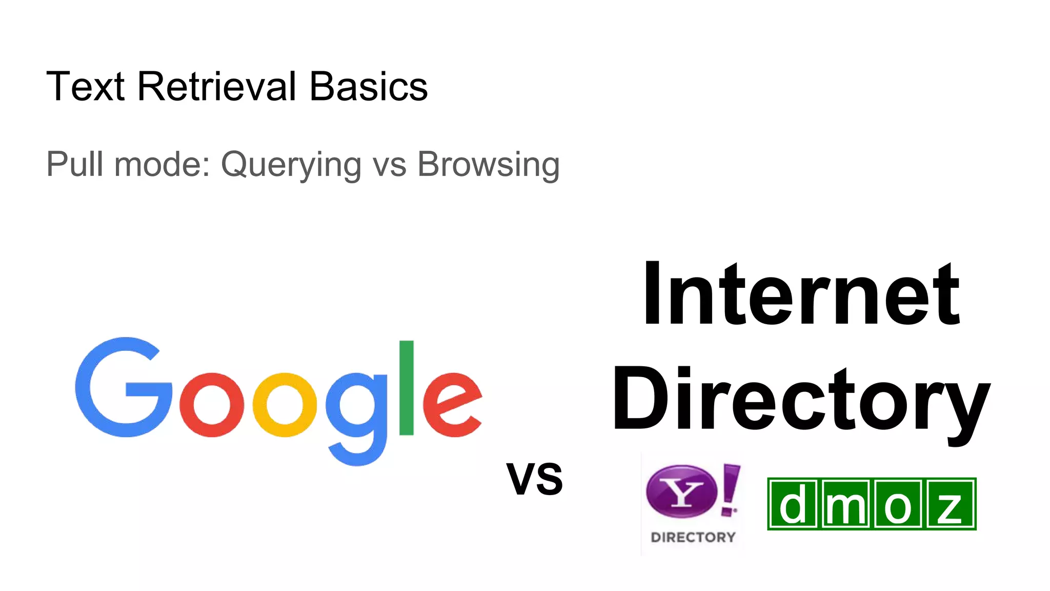 Text Retrieval Basics
Pull mode: Querying vs Browsing
Internet
Directory
VS
 
