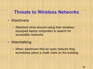 28
Threats to Wireless Networks
• Wardrivers
– Attackers drive around using their wireless-
equipped laptop computers to search for
accessible networks
• Warchalking
– When wardrivers find an open network they
sometimes place a chalk mark on the building
 
