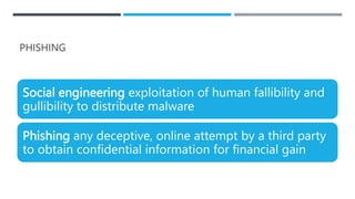 PHISHING
Social engineering exploitation of human fallibility and
gullibility to distribute malware
Phishing any deceptive, online attempt by a third party
to obtain confidential information for financial gain
 