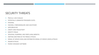 SECURITY THREATS
 Malicious code (malware)
 POTENTIALLY UNWANTED PROGRAMS (PUPS)
 PHISHING
 HACKING, CYBERVANDALISM, AND HACKTIVISM
 DATA BREACHES
 CREDIT CARD FRAUD/THEFT
 IDENTITY FRAUD
 SPOOFING, PHARMING, AND SPAM (JUNK) WEBSITES
 SNIFFING AND MAN-IN-THE-MIDDLE ATTACKS
 DENIAL OF SERVICE (DOS) AND DISTRIBUTED DENIAL OF SERVICE (DDOS) ATTACKS
 INSIDER ATTACKS
 POORLY DESIGNED SOFTWARE
 