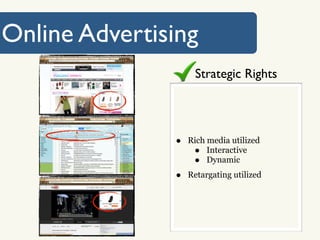Online Advertising
                    Strategic Rights




               •   Rich media utilized
                    •   Interactive
                    •   Dynamic

               •   Retargating utilized
 
