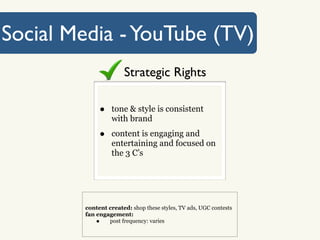 Social Media - YouTube (TV)
                      Strategic Rights

             •    tone & style is consistent
                  with brand

             •    content is engaging and
                  entertaining and focused on
                  the 3 C’s




        content created: shop these styles, TV ads, UGC contests
        fan engagement:
            •   post frequency: varies
 