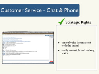 Customer Service - Chat & Phone

                             Strategic Rights




                      •   tone of voice is consistent
                          with the brand

                      •   easily accessible and no long
                          waits
 