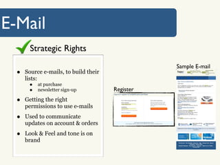E-Mail
        Strategic Rights
                                                  Sample E-mail
  •   Source e-mails, to build their
      lists:
       •   at purchase
       •   newsletter sign-up          Register
  •   Getting the right
      permissions to use e-mails

  •   Used to communicate
      updates on account & orders

  •   Look & Feel and tone is on
      brand
 