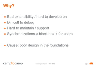 3/29www.camptocamp.com / 2013-06-03
Why?
■ Bad extensibility / hard to develop on
■ Difficult to debug
■ Hard to maintain ...