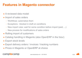 12/29www.camptocamp.com / 2013-06-03
Features in Magento connector
■ A reviewed data model
■ Import of sales orders
○ Work...
