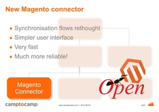 9/29www.camptocamp.com / 2013-06-03
New Magento connector
■ Synchronisation flows rethought
■ Simpler user interface
■ Ver...