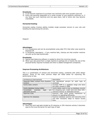 E-Commerce Documentation Version 1.0
Drawbacks
1) It can become expensive to purchase new machines with every growth cycle and
2) Entire site becomes dependent on a small number of very powerful machines i.e. if
you have two such machines and one goes down, half or entire site may become
unavailable.
Horizontal Scaling:
Horizontal scaling involves adding multiple single processor servers to your site and
handling the load among the servers.
Diagram
Advantages:
1) It is inexpensive and can be accomplished using older PC’s that other wise would be
disposed off.
2) It introduces redundancy – if any machine fails, chances are that another machine
can pick up the load dynamically.
Drawbacks:
1) Special load balancing software is needed to direct the incoming request.
2) When your site grows from a single machine to perhaps ten or twenty the size of the
physical facility required increases and there is added management complexity.
Improve Processing Architecture:
This is a combination of vertical and horizontal scaling, combined with artful design
decision. Some of the most common steps are listed below for improving the
performance of site.
Architecture Improvement Description
Separate Static content from Dynamic
Content
Use specialized servers for each type of
workload
Cache static content Increase RAM to a gigabyte range and store
the static content in RAM
Cache database lookup tables Cache tables used to look up database records
Consolidate business logic on
dedicated servers
Put shopping cart, credit card and other CPU-
intensive activity on dedicated servers
Optimize Code Examine code using review mechanism to
ensure it is operating efficiently.
Optimize the database Examine database queries and executing time
and take necessary steps to reduce access
time.
Advantages:
1) Since the work load gets divided as IO intensive or CPU intensive activity it becomes
easy to fine tune the server for each type of load.
Page 10 of 21
 