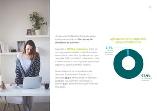 13
COMPARTILHE ESTE EBOOK!
Um grande obstáculo enfrentado pelos
e-commerces são as altas taxas de
abandono de carrinho.
Segundo o IBOPE e-commerce, entre os
dez segmentos listados, o de informática
apresenta a maior taxa de abandono, com
cerca de 83%. Já o último colocado — com
o menor índice —, os artigos de escritório e
papelaria, alcançaram 65% de taxa.
De acordo com os respondentes da
pesquisa E-commerce Trends 2017,
cerca de 97,9% afirmaram já ter deixado
produtos nos carrinhos de compra e
apenas 2,1% disseram nunca ter realizado
essa ação.
ABANDONO DE CARRINHO
EM E-COMMERCES
 