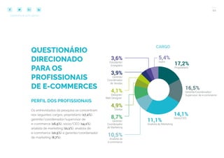 20
COMPARTILHE ESTE EBOOK!
QUESTIONÁRIO
DIRECIONADO
PARA OS
PROFISSIONAIS
DE E-COMMERCES
PERFIL DOS PROFISSIONAIS
Os entrevistados da pesquisa se concentram
nos seguintes cargos: proprietário (17,2%),
gerente/coordenador/supervisor de
e-commerce (16,5%), sócio/CEO (14,1%),
analista de marketing (11,1%), analista de
e-commerce (10,5%) e gerente/coordenador
de marketing (8,7%).
CARGO
 