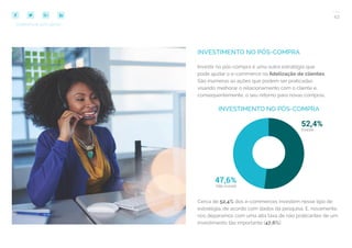 43
COMPARTILHE ESTE EBOOK!
INVESTIMENTO NO PÓS-COMPRA
Investir no pós-compra é uma outra estratégia que
pode ajudar o e-commerce na fidelização de clientes.
São inúmeras as ações que podem ser praticadas
visando melhorar o relacionamento com o cliente e,
consequentemente, o seu retorno para novas compras.
Cerca de 52,4% dos e-commerces investem nesse tipo de
estratégia, de acordo com dados da pesquisa. E, novamente,
nos deparamos com uma alta taxa de não praticantes de um
investimento tão importante (47,6%).
INVESTIMENTO NO PÓS-COMPRA
 