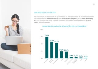 53
COMPARTILHE ESTE EBOOK!
PRINCIPAIS CANAIS DE AQUISIÇÃO DO E-COMMERCE
AQUISIÇÃO DE CLIENTES
De acordo com os profissionais de e-commerce, os principais canais de aquisição de clientes
se concentram nas redes sociais (75,1%), anúncios no Google (57,6%) e email marketing
(53,7%). O blog e indicações também são meios importantes representados por 24,9% e
24,4%, respectivamente.
 